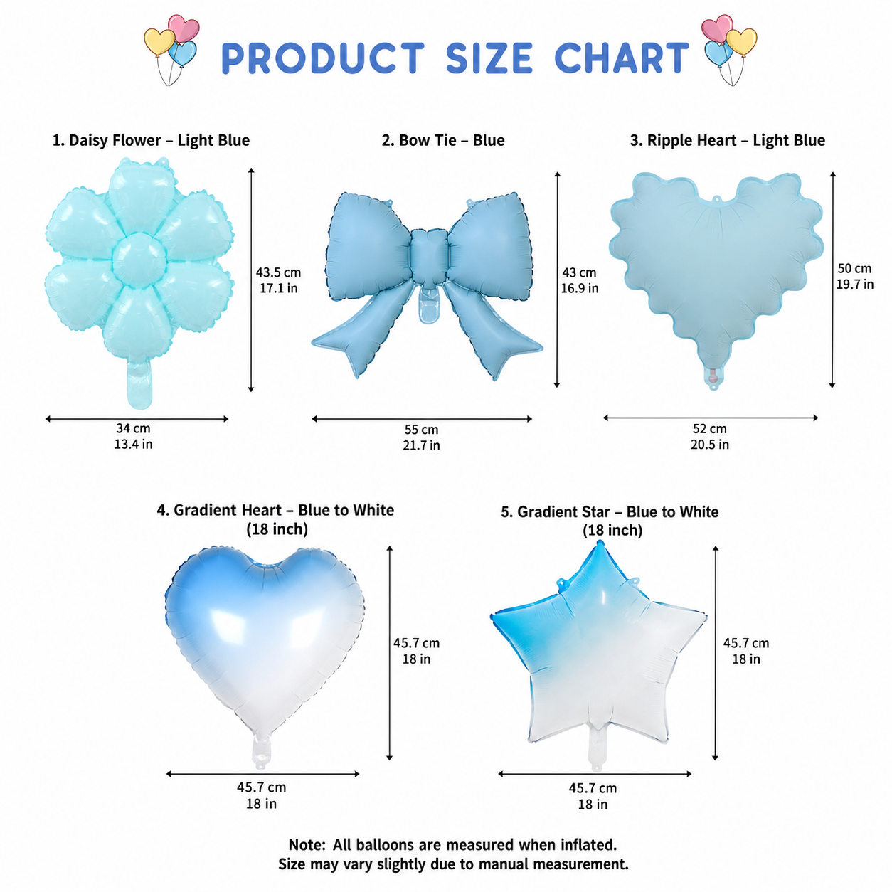 Baby Blue Foil Balloon Set | Daisy, Bow Tie, Ripple Heart & 18 Inch Gradient Heart Star Mylar Balloons for Boy Baby Shower & Birthday Party Decor