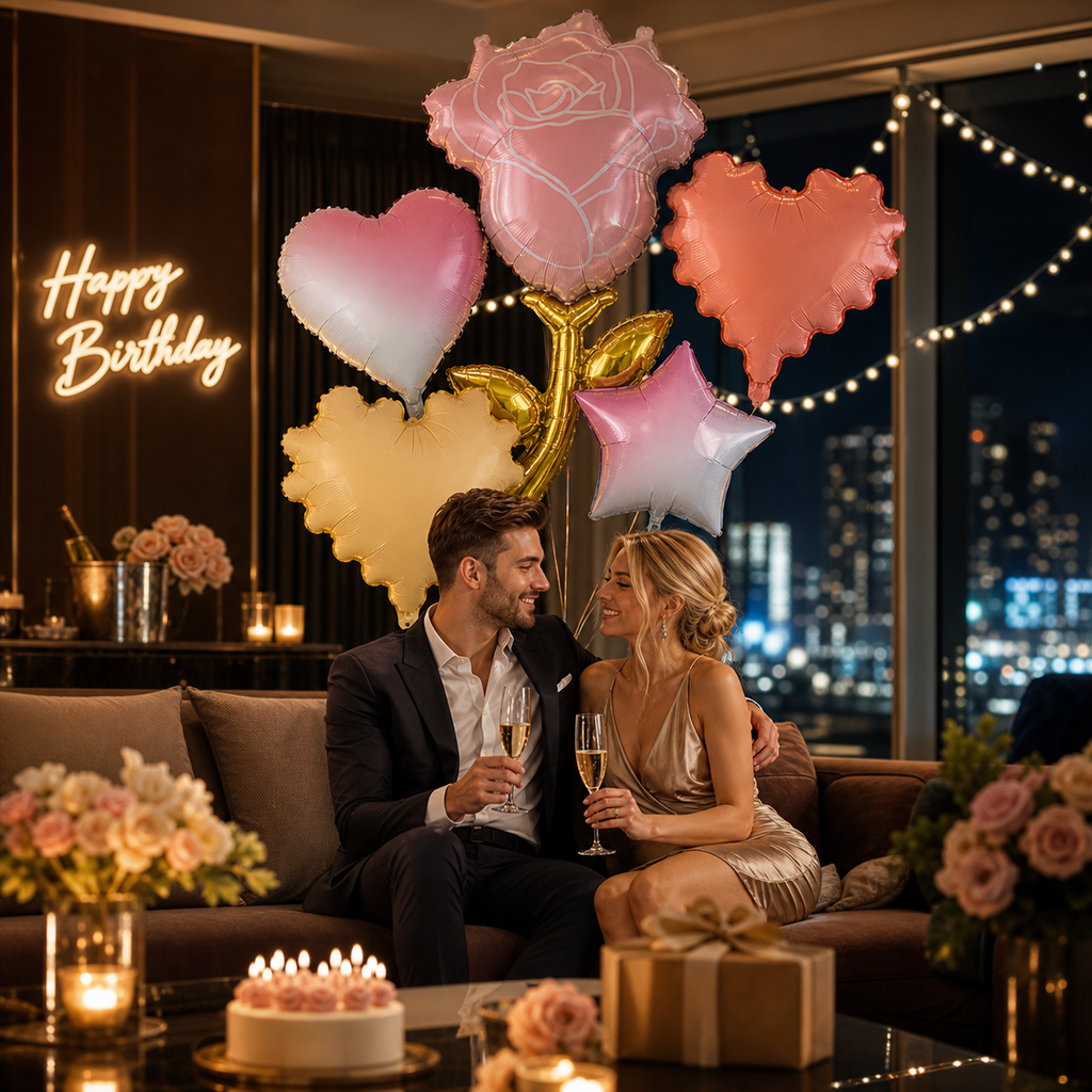 Gradient Heart Star & Rose Foil Balloons | Romantic Love Aluminum Balloon for Valentine Wedding Anniversary Party Decor