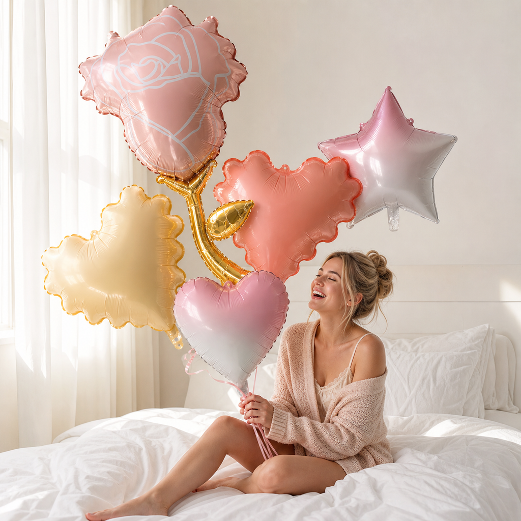 Gradient Heart Star & Rose Foil Balloons | Romantic Love Aluminum Balloon for Valentine Wedding Anniversary Party Decor