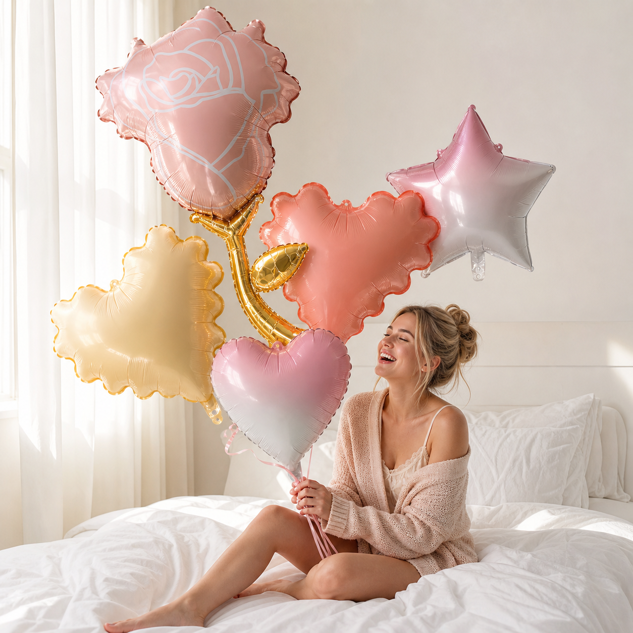 Gradient Heart Star & Rose Foil Balloons | Romantic Love Aluminum Balloon for Valentine Wedding Anniversary Party Decor