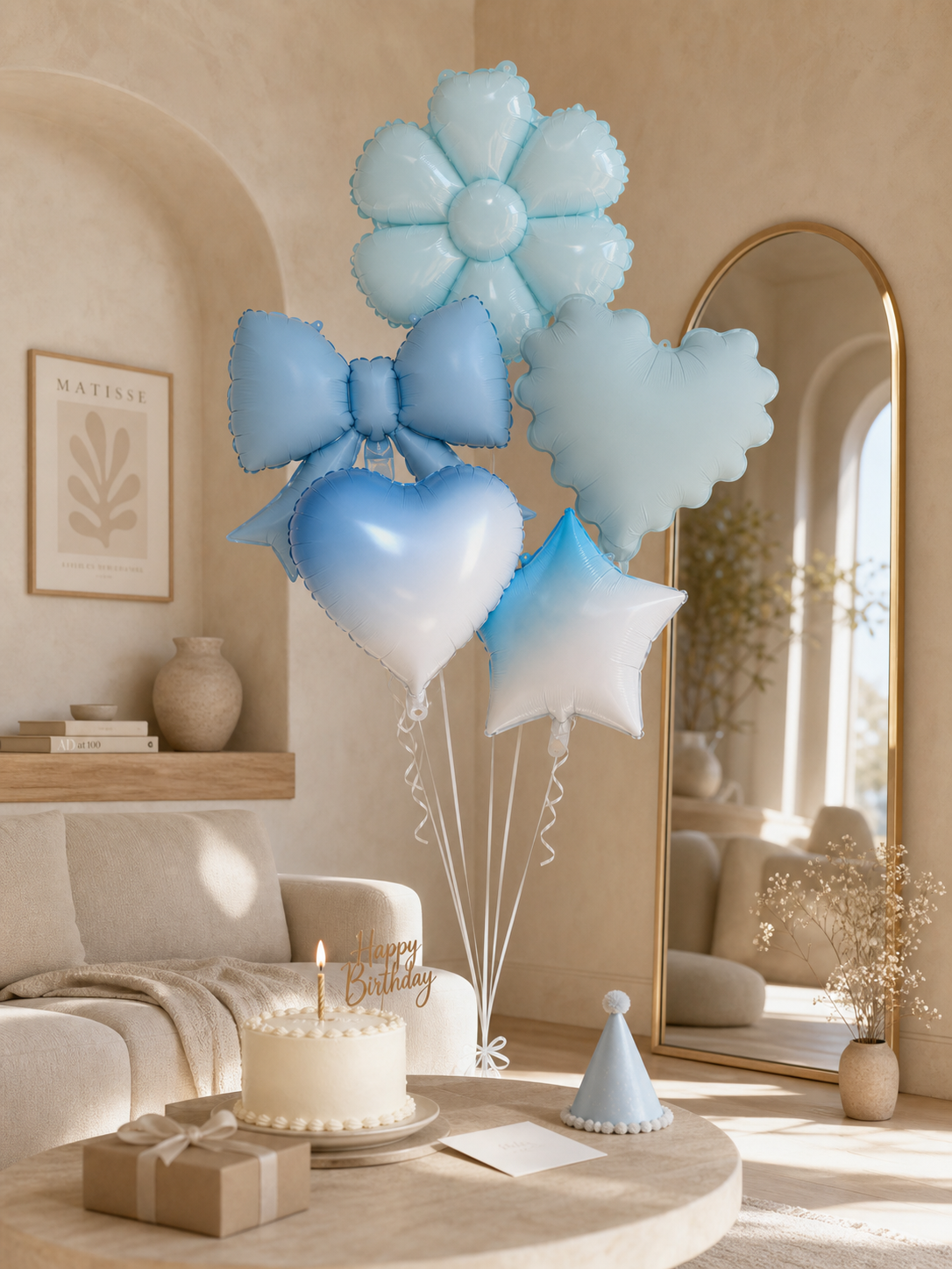 Baby Blue Foil Balloon Set | Daisy, Bow Tie, Ripple Heart & 18 Inch Gradient Heart Star Mylar Balloons for Boy Baby Shower & Birthday Party Decor