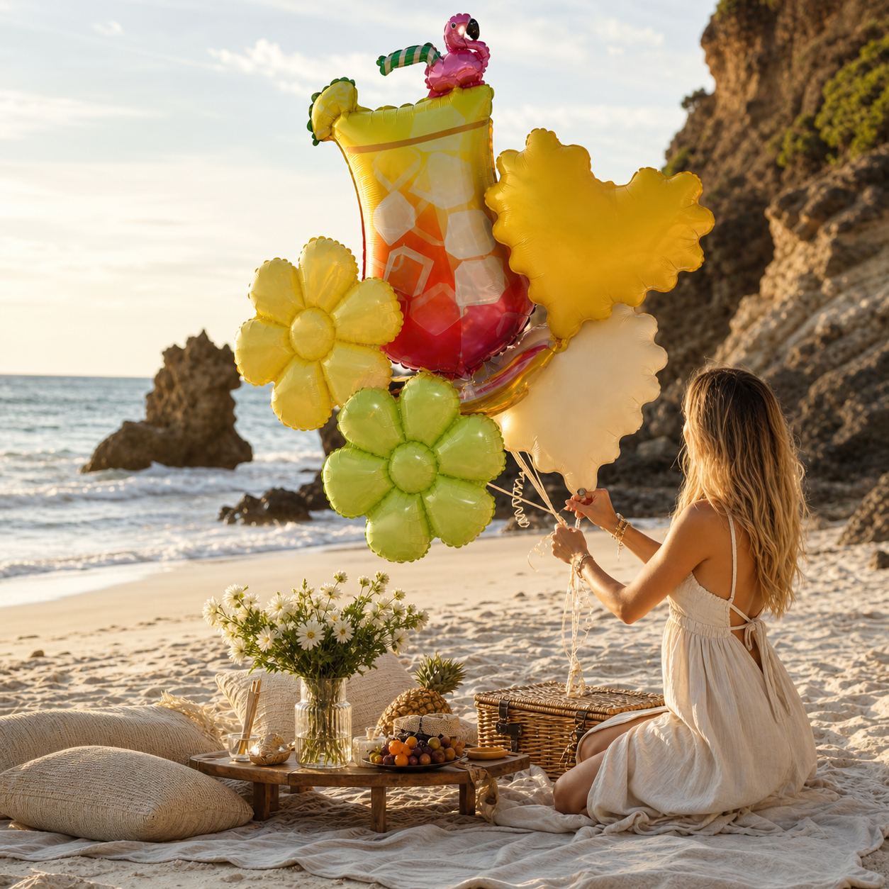 Summer Tropical Foil Balloon Set | Flamingo Cocktail Cup, Wave Heart & Daisy Flower Mylar Balloons for Hawaiian Luau Beach Party Decor