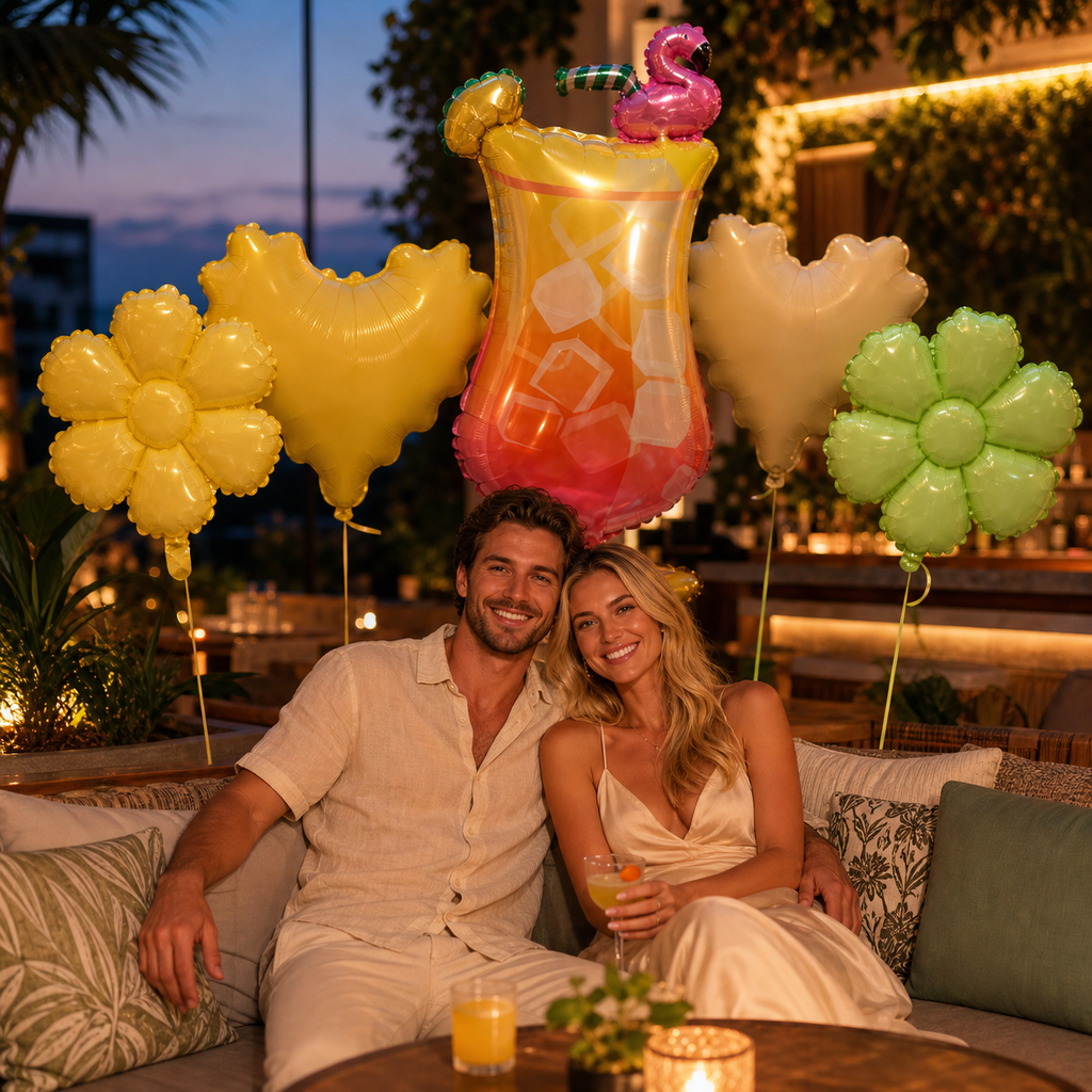 Summer Tropical Foil Balloon Set | Flamingo Cocktail Cup, Wave Heart & Daisy Flower Mylar Balloons for Hawaiian Luau Beach Party Decor