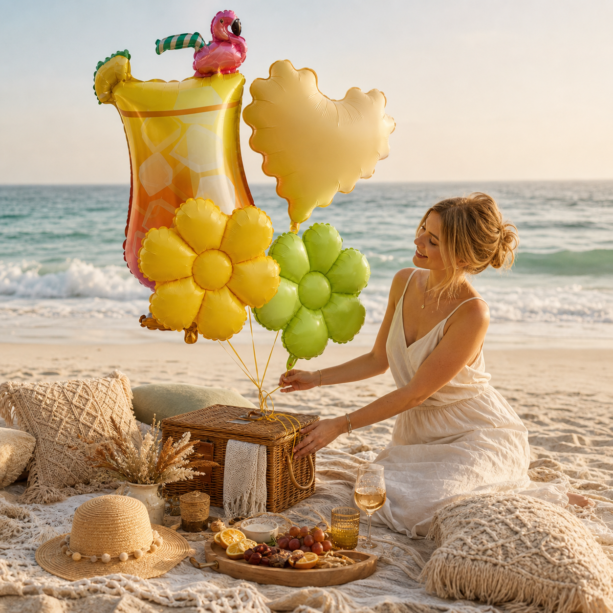 Summer Tropical Foil Balloon Set | Flamingo Cocktail Cup, Wave Heart & Daisy Flower Mylar Balloons for Hawaiian Luau Beach Party Decor