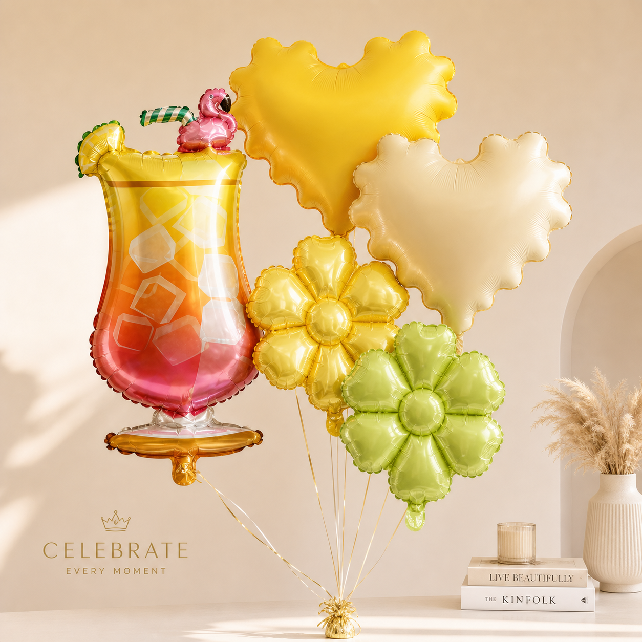 Summer Tropical Foil Balloon Set | Flamingo Cocktail Cup, Wave Heart & Daisy Flower Mylar Balloons for Hawaiian Luau Beach Party Decor