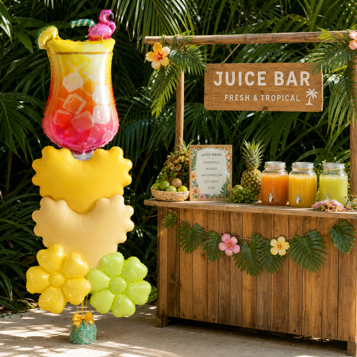 Summer Tropical Foil Balloon Set | Flamingo Cocktail Cup, Wave Heart & Daisy Flower Mylar Balloons for Hawaiian Luau Beach Party Decor