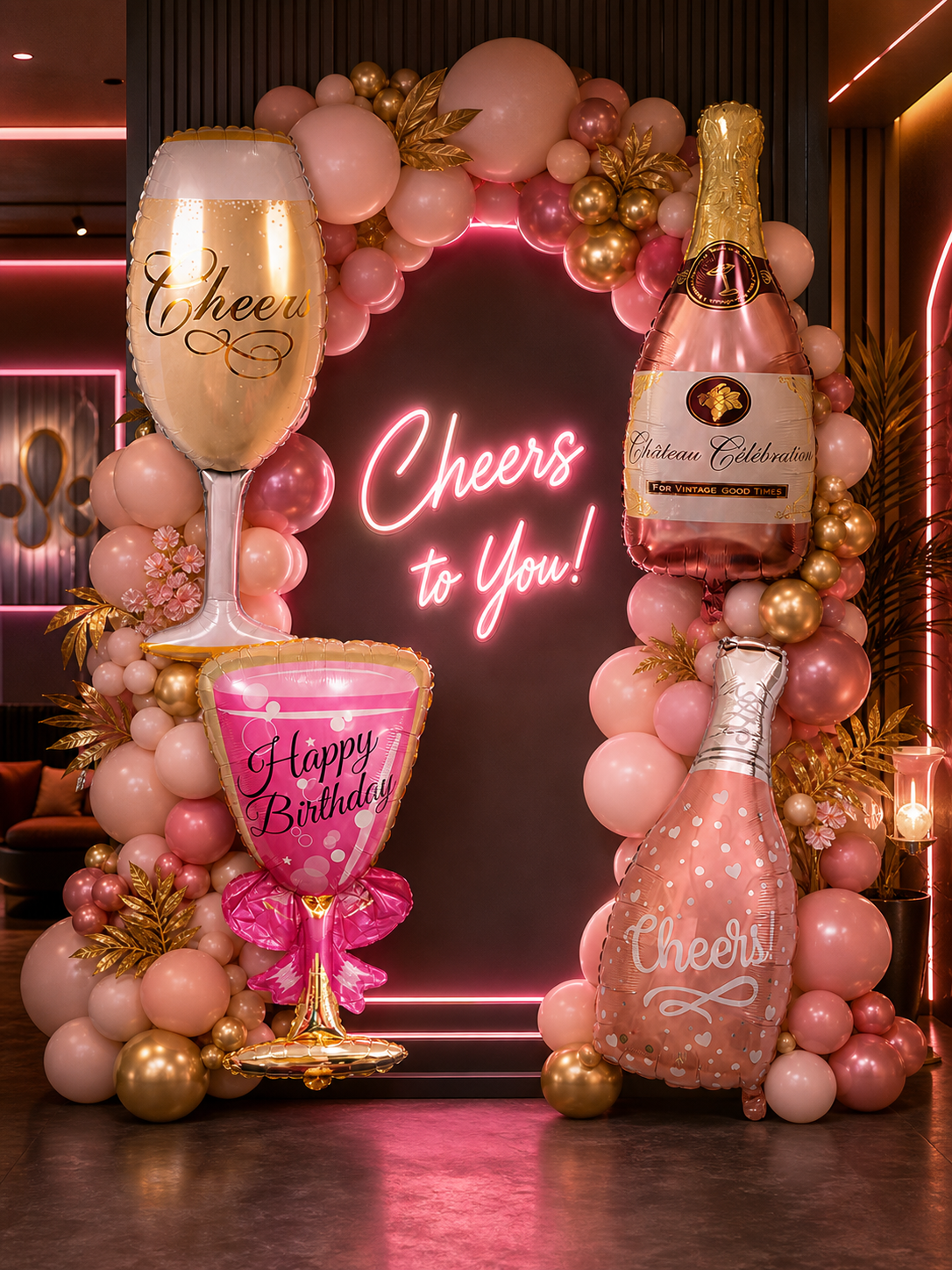 Rose Gold Champagne Bottle & Wine Glass Foil Balloons, Cheers Birthday Party Decorations for Bachelorette, New Year, Anniversary
